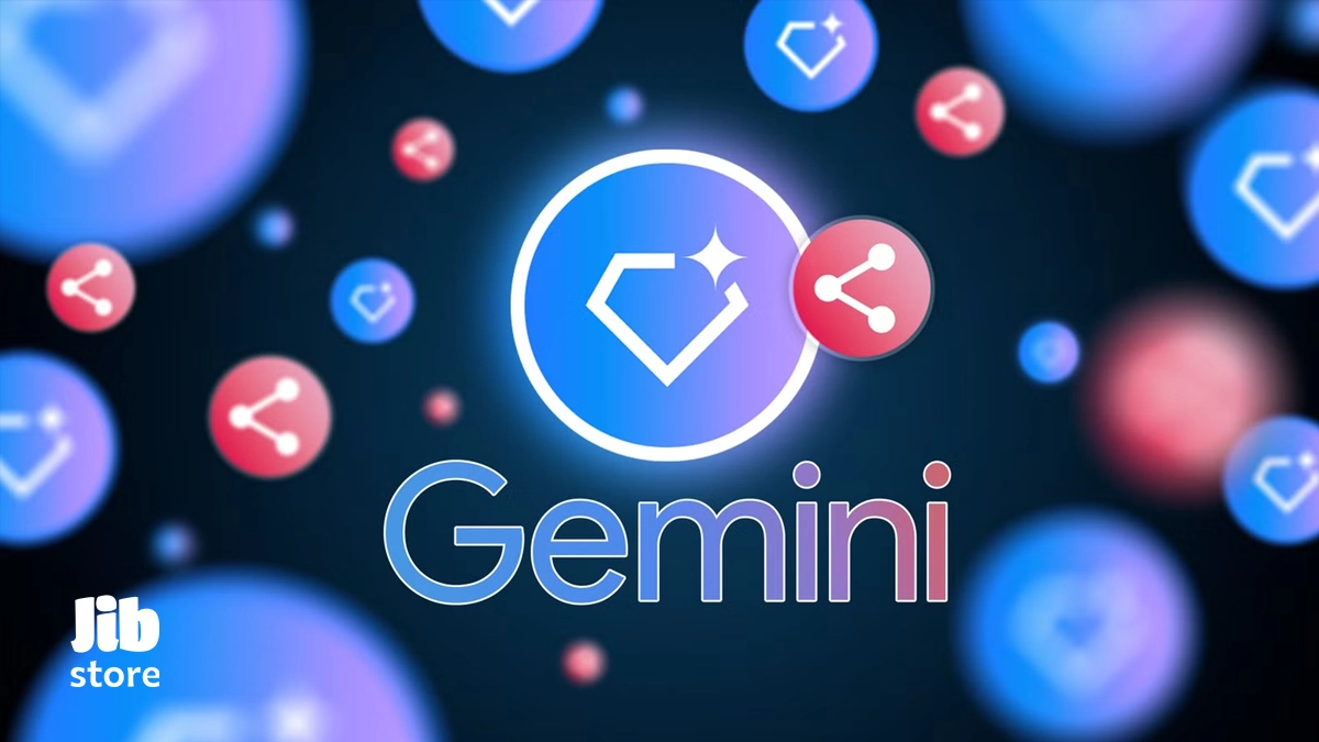 Illustration of the Google Gemini logo with glowing gem icons and share symbols floating around.